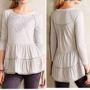New Meadow Rue Anthro Embroidered Blouse Crochet Long Sleeve Peplum Ruffle